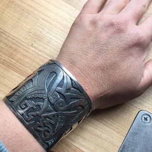 Sterling silver large cuff heavy weighted bracelet native mexico tribe
